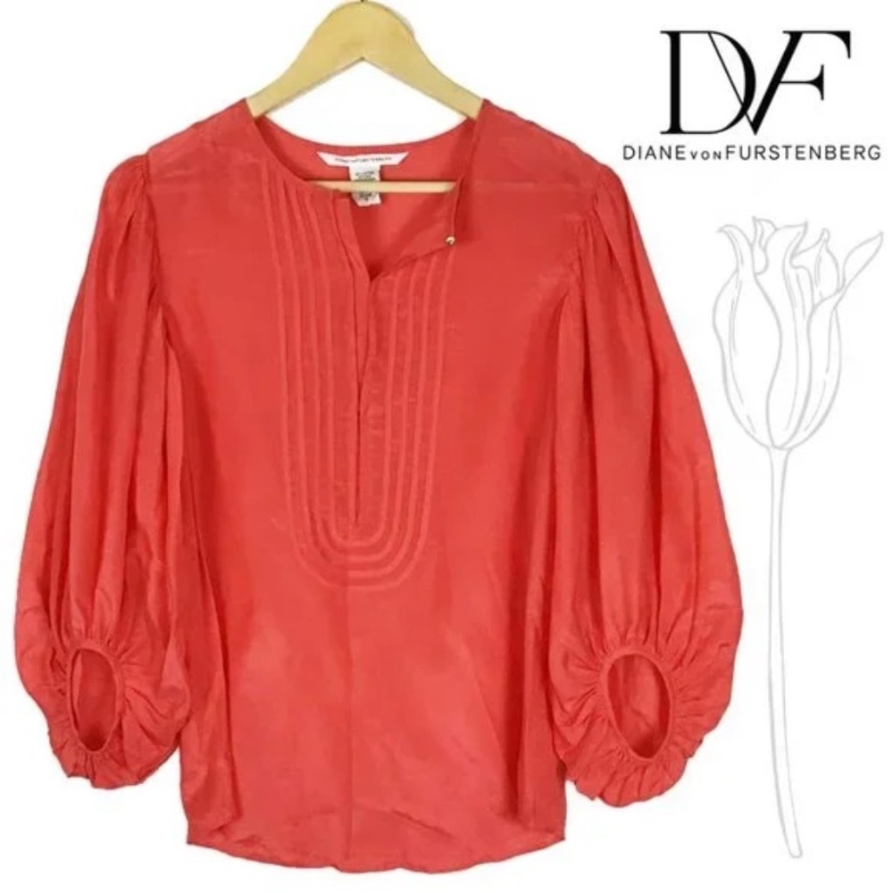 Diane Von Furstenberg Pleated Front Red Cotton & Silk Blouse 12